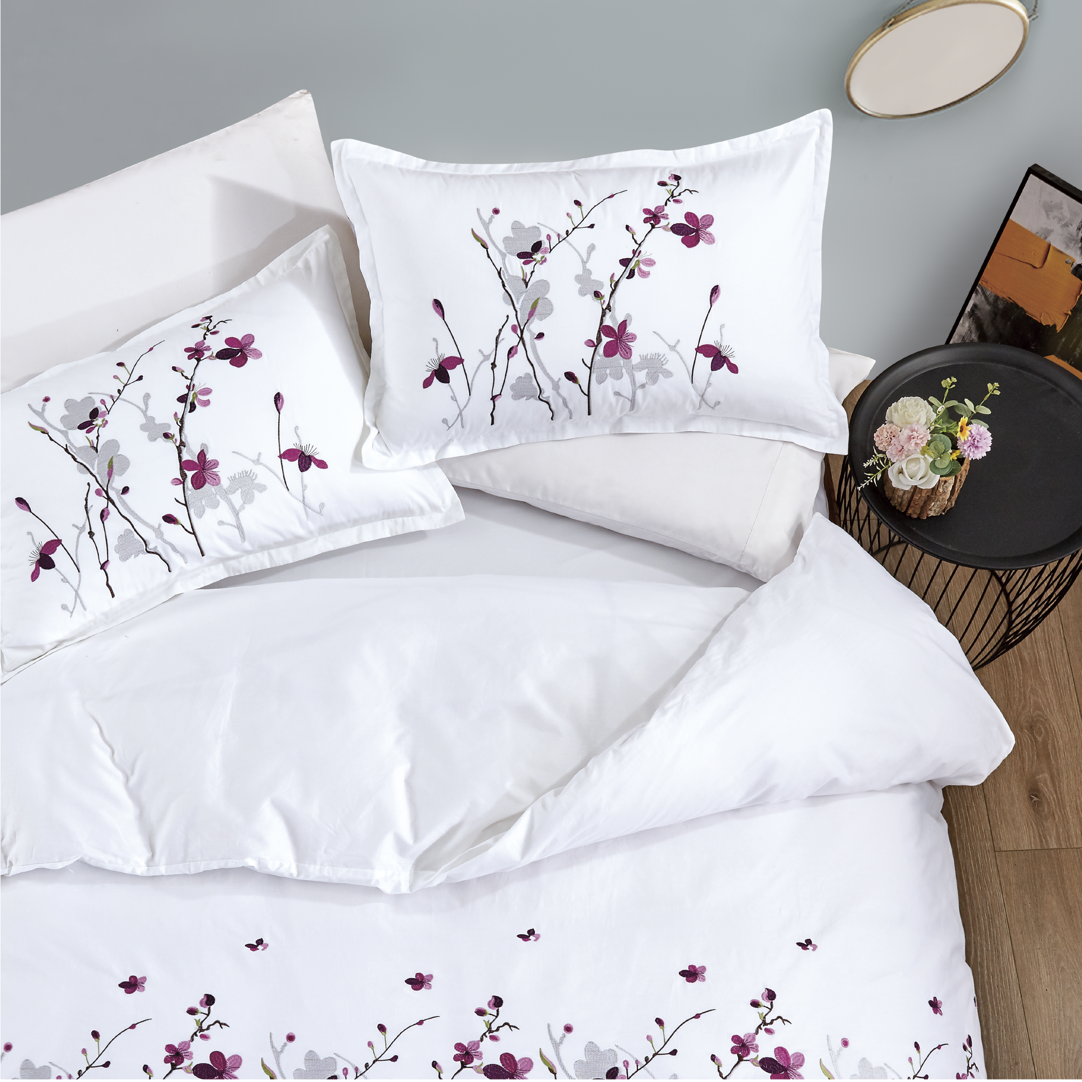 Contempo Sakura Embroidery 100% Cotton Quilt Cover Set - Aussino Malaysia